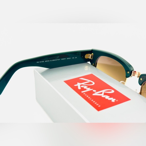 Ray-Ban Mega Clubmaster Sunglasses RB0316-S Polished Green and Gold Frame UNISEX - Picture 9 of 12